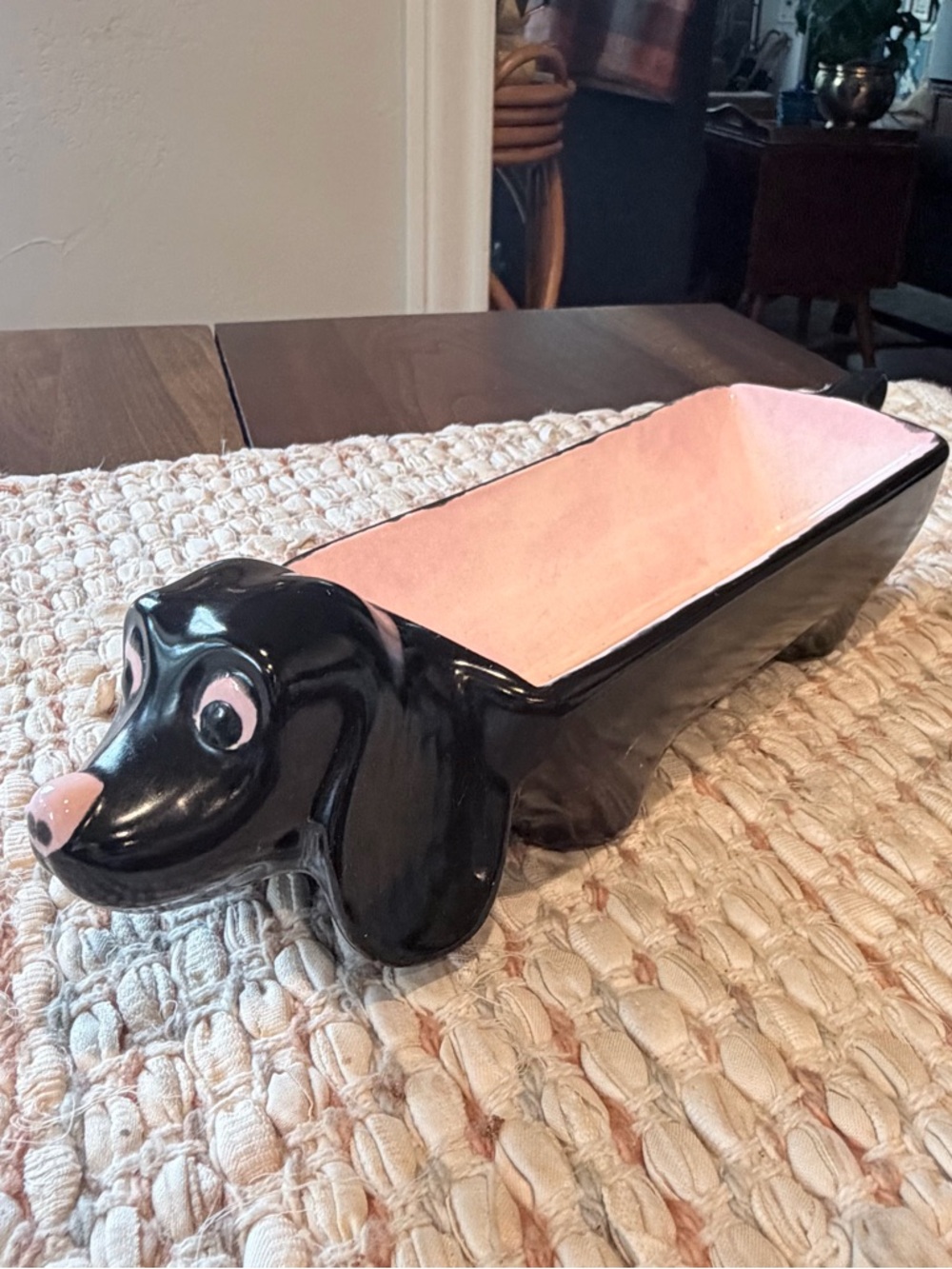 Vintage Ceramic Black and Pink Dachshund Dog Figurine Planter Trinket Dish